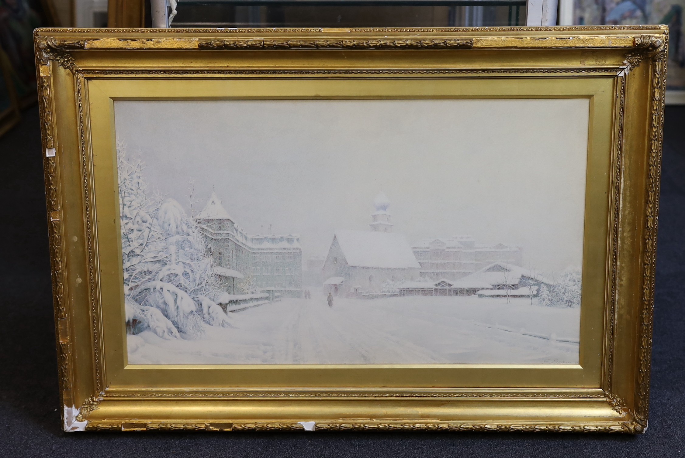 George Nelson RI (1864-1921)'Snowing in Davos, Switzerland', watercolour, signed and dated 18... 42 x 70cm